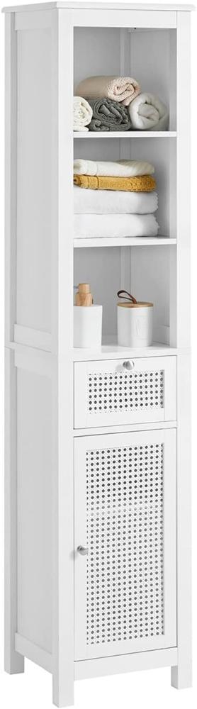 SoBuy BZR36-W Badezimmer-Hochschrank mit Gitteroptik Badregal Badschrank Badmöbel mit 3 offenem Fächern, 1 Schublade und 1 Tür Weiß BHT ca: 35X161X32cm Bild 1