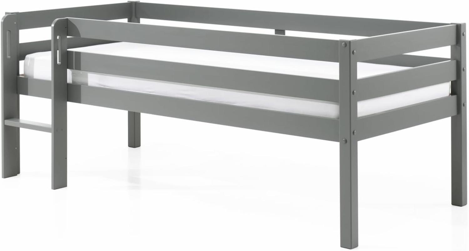 Kojen-Spielbett mit Liegefläche 90 x 200 cm, inkl. Leiter und Rolllattenrost, Kiefer massiv grau lackiert Bild 1