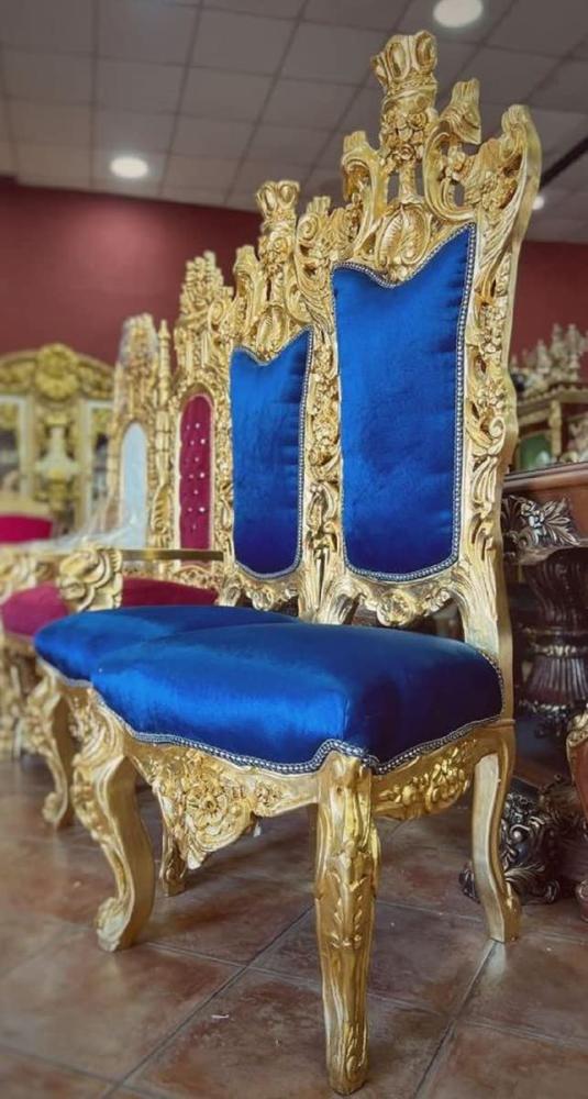 Casa Padrino Barock Thron Stuhl Royalblau / Gold - Handgefertigter Hochlehn Esszimmer Stuhl mit Samtstoff - Barock Esszimmer Möbel Bild 1