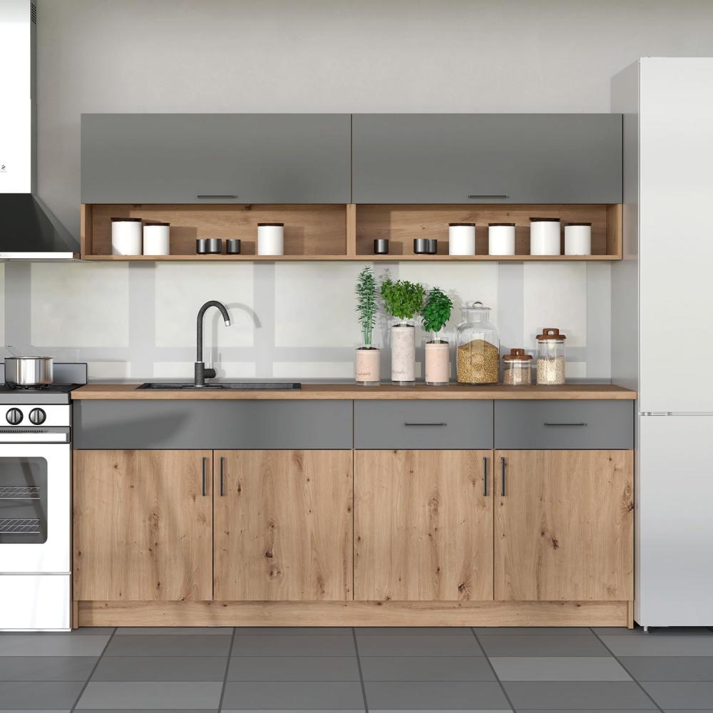 Homestyle4u Küchenzeile ohne Geräte, Holz Eiche / grau, 200 x 87 x 60 cm Bild 1