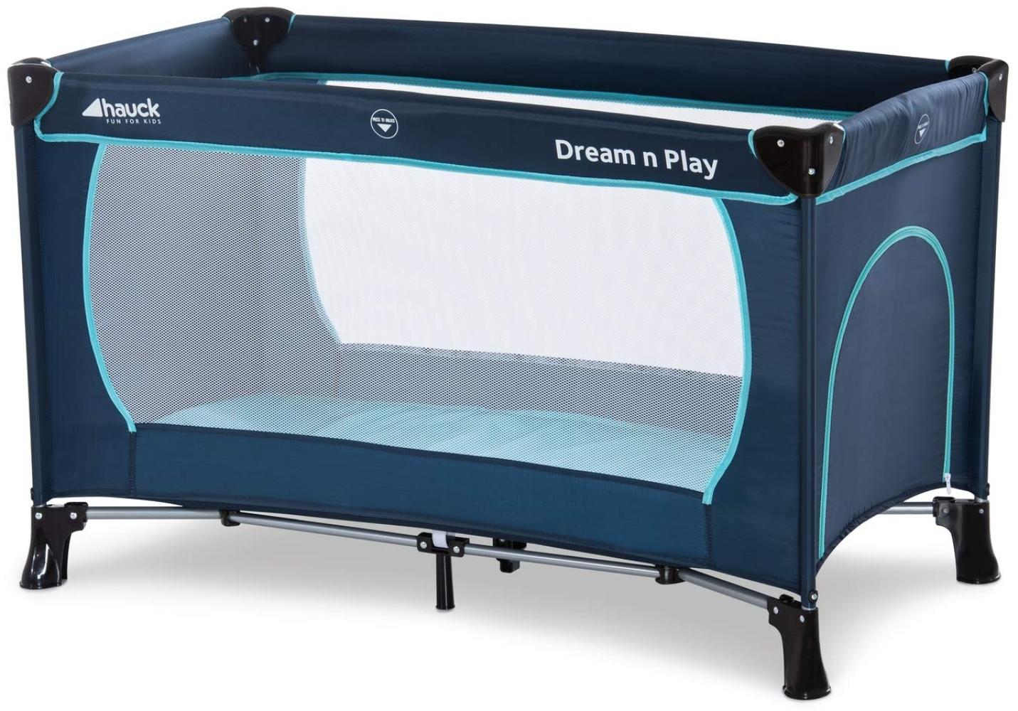 Hauck 'Dream’n Play Plus' Reisebett 3-teilig 120 x 60 cm, ab Geburt bis 15 kg, inkl. Tragetasche, Einlageboden und Schlupf (faltbar, tragbar, leicht & kippsicher), navy/aqua Bild 1