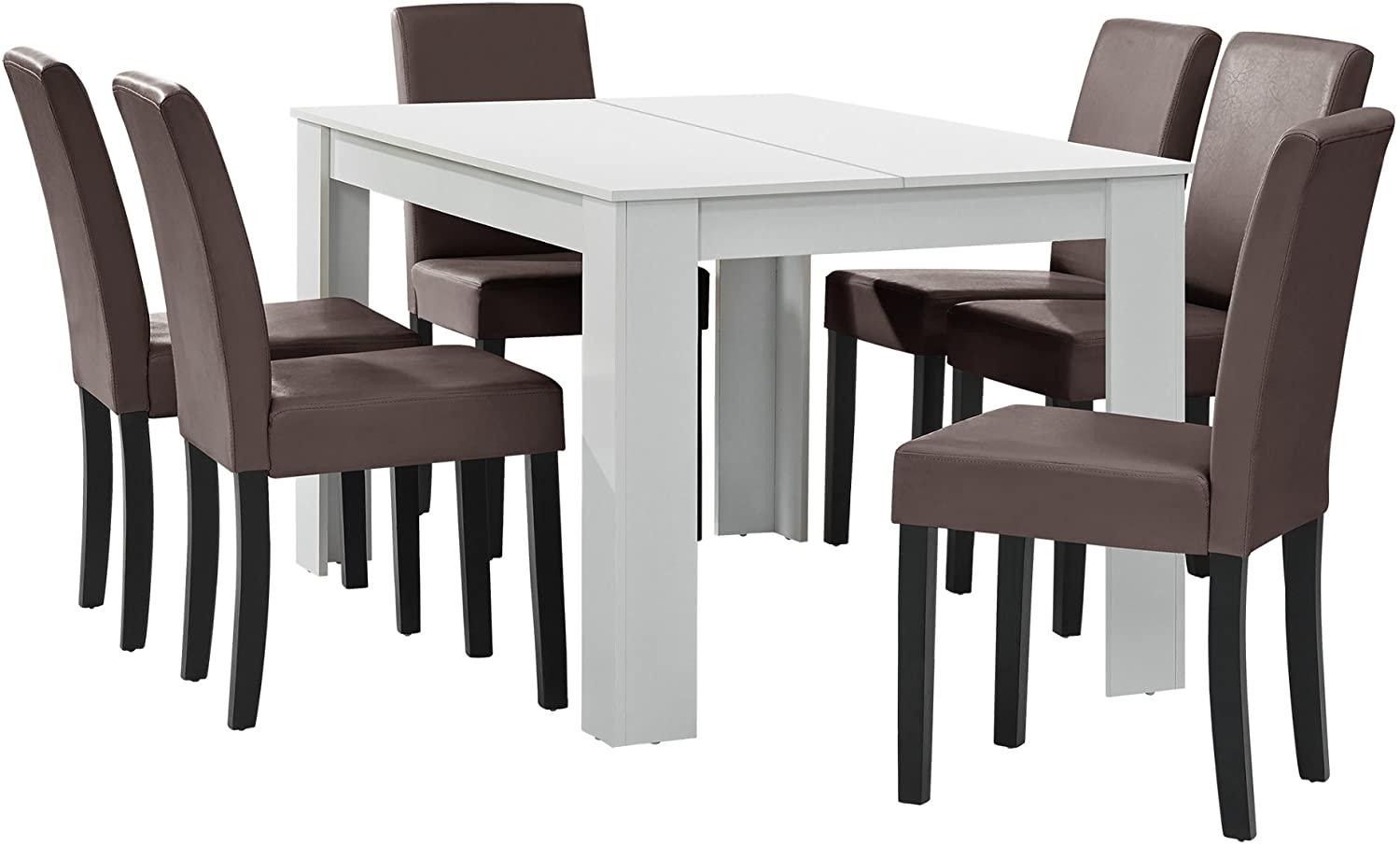 Esstisch weiß mit 6 Stühlen braun [140x90] Bild 1