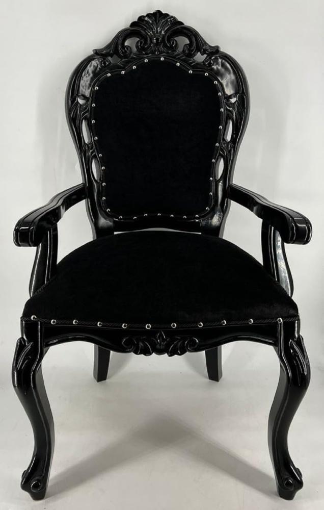 Casa Padrino Barock Samt Esszimmer Stuhl mit Armlehnen Schwarz - Barock Möbel Bild 1