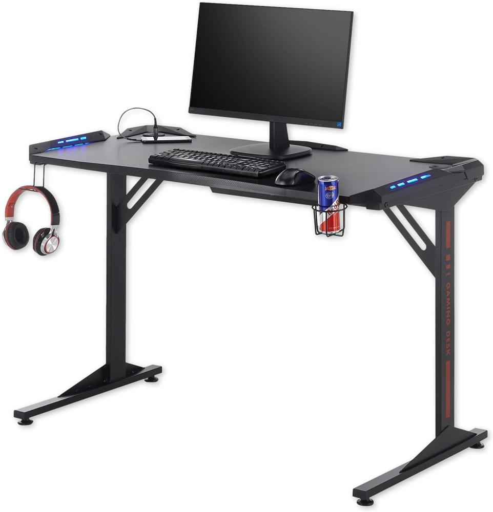 Stella Trading BC 3110 Gaming Tisch in Schwarz, Carbon-Optik - Gaming Schreibtisch mit LED-Beleuchtung, USB-Anschlüssen & Getränkehalterung - 119 x 78 x 60 cm (B/H/T) Bild 1