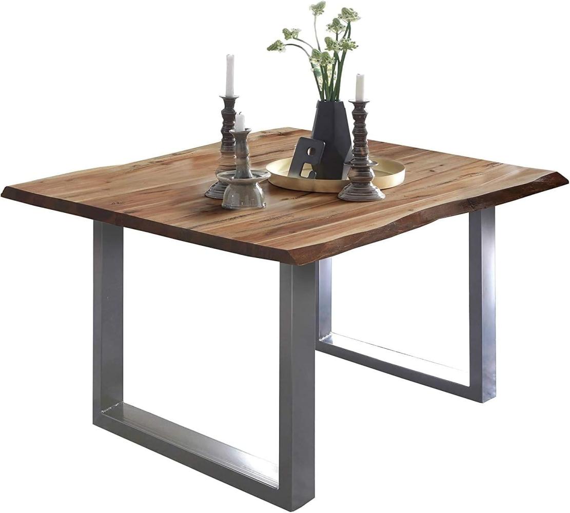 SAM Baumkantentisch 90x90 cm Mephisto, Akazienholz massiv + naturfarben lackiert, Esstisch mit Silber lackiertem U-Gestell, Esszimmertisch/Holztisch im Industrial-Design, Tischplatte 26 mm Bild 1