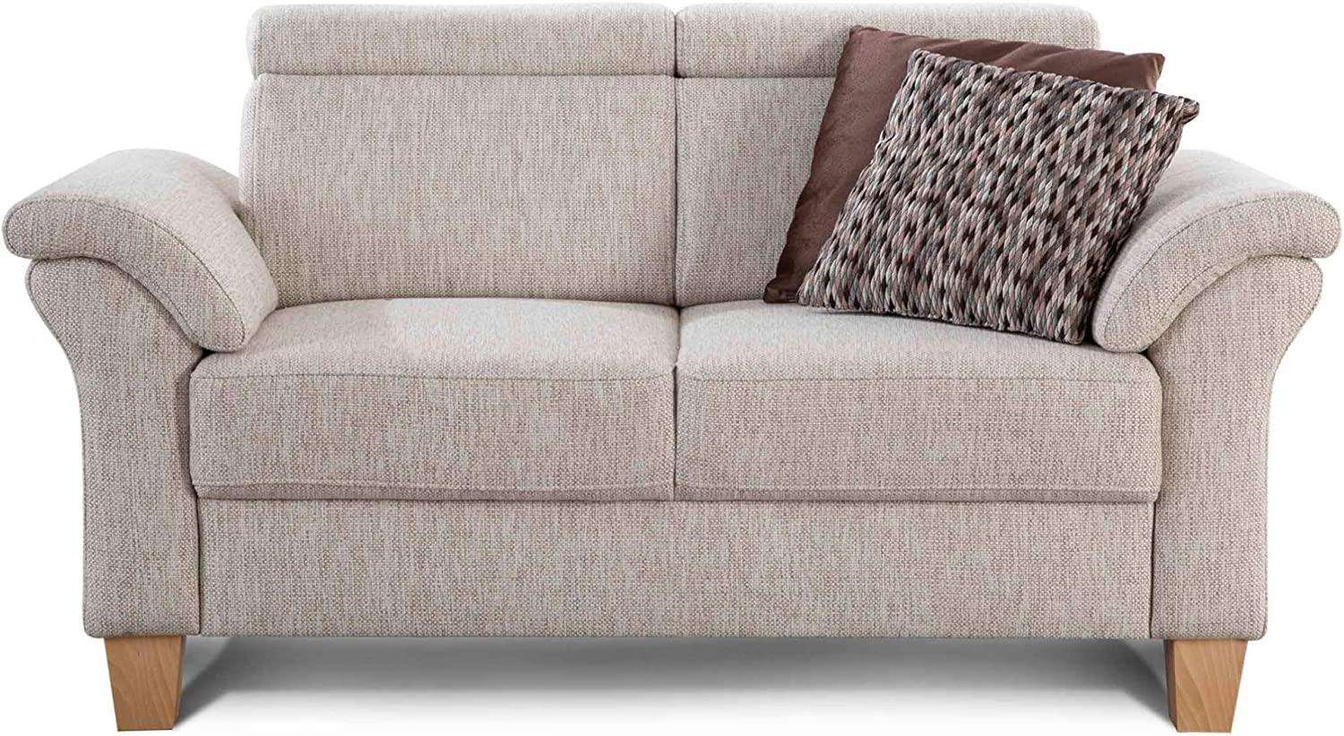 Cavadore 2-Sitzer Sofa Ammerland / Couch mit Federkern im Landhausstil / Inkl. verstellbaren Kopfstützen / 156 x 84 x 93 / Strukturstoff weiß-beige Bild 1