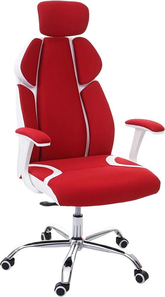Bürostuhl HWC-F12, Schreibtischstuhl Drehstuhl Chefsessel, Sliding-Funktion Stoff/Textil + Kunstleder ~ rot/weiß Bild 1