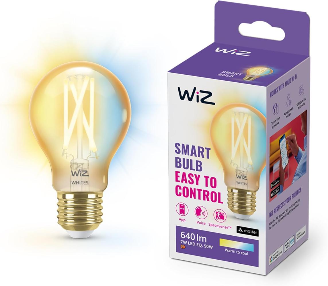 WiZ Tunable White Amber LED Lampe, Standardform E27, 50W, Vintage Design, dimmbar, warm- bis kaltweiß, smarte Steuerung per App/Stimme über WLAN Bild 1
