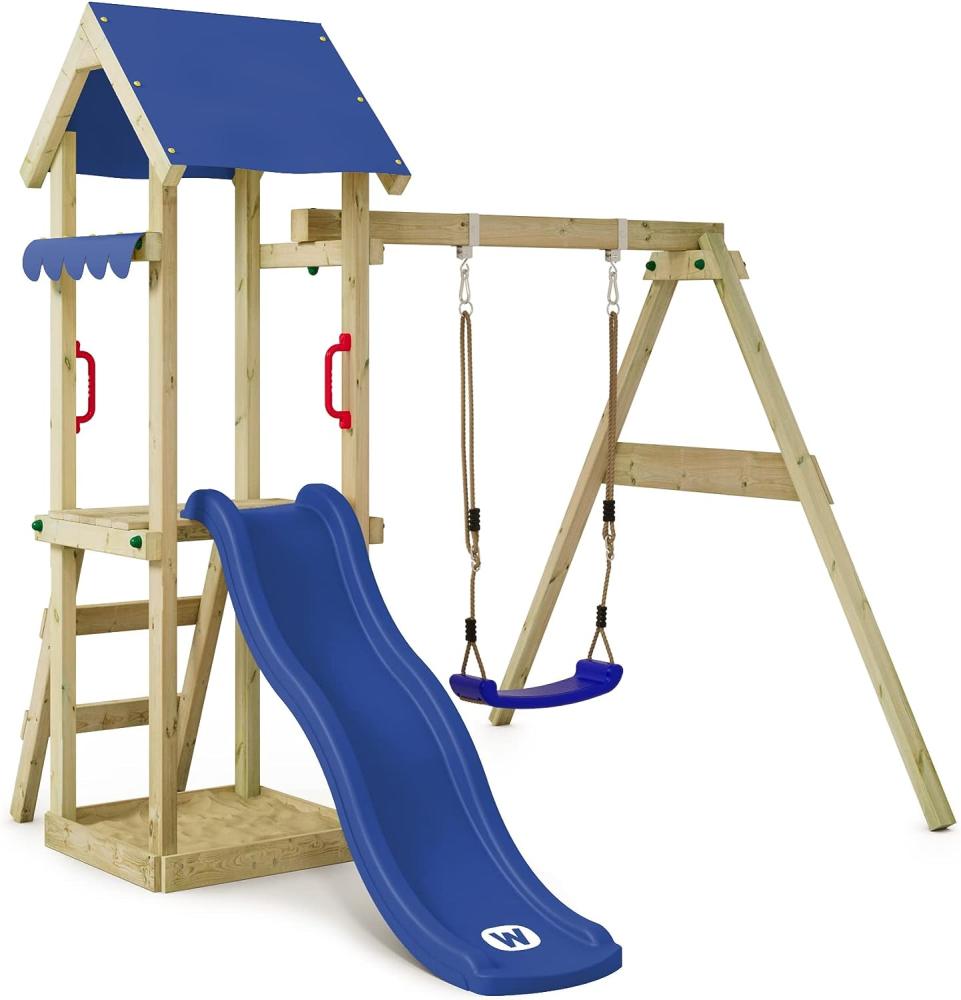 WICKEY Spielturm Klettergerüst TinyWave mit Schaukel & blauer Rutsche, Kletterturm mit Sandkasten, Leiter & Spiel-Zubehör Bild 1