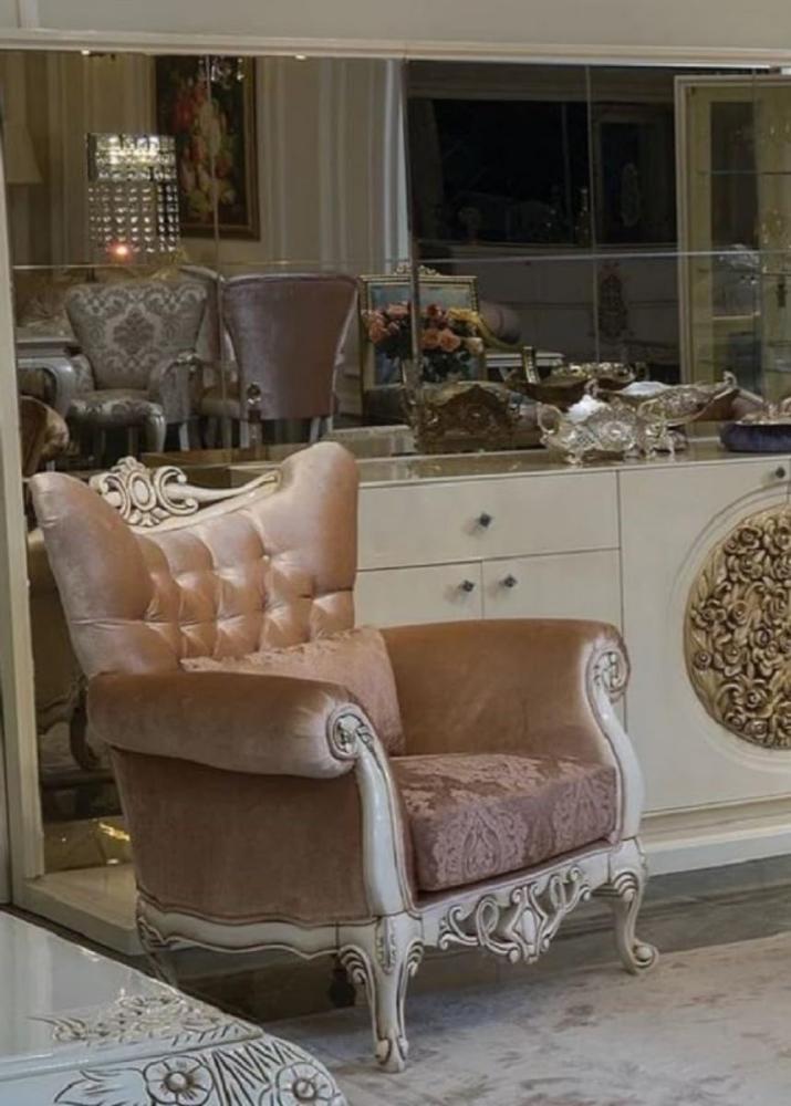 Casa Padrino Luxus Barock Sessel Rosa / Lila / Weiß / Beige 102 x 73 x H. 106 cm - Wohnzimmer Sessel mit elegantem Muster und dekorativem Kissen - Barock Möbel Bild 1