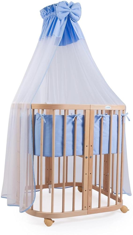 Waldin® Babybett aus Holz 7in1 mit Matratze, mitwachsendes Kinder-Bett, belüftet, Boden 5-fach verstellbar, All-Inclusive-Set Holz natur, Stoffe blau Bild 1