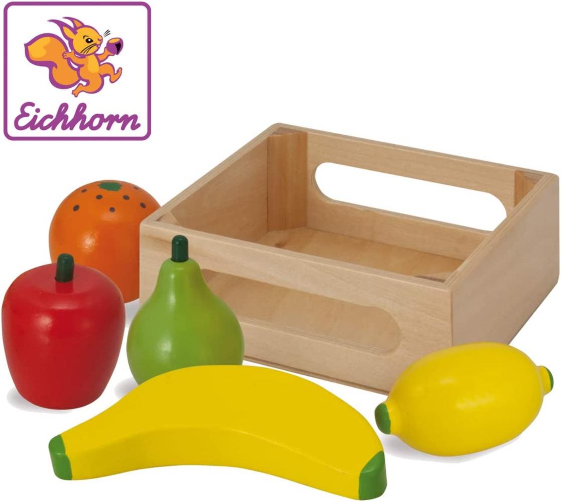 Eichhorn 100003734 - Holzbox mit Früchten, enthält Banane, Orange, Apfel, Zitrone, Birne, 13x12,5x5cm, 6-tlg., Birkenholz Bild 1