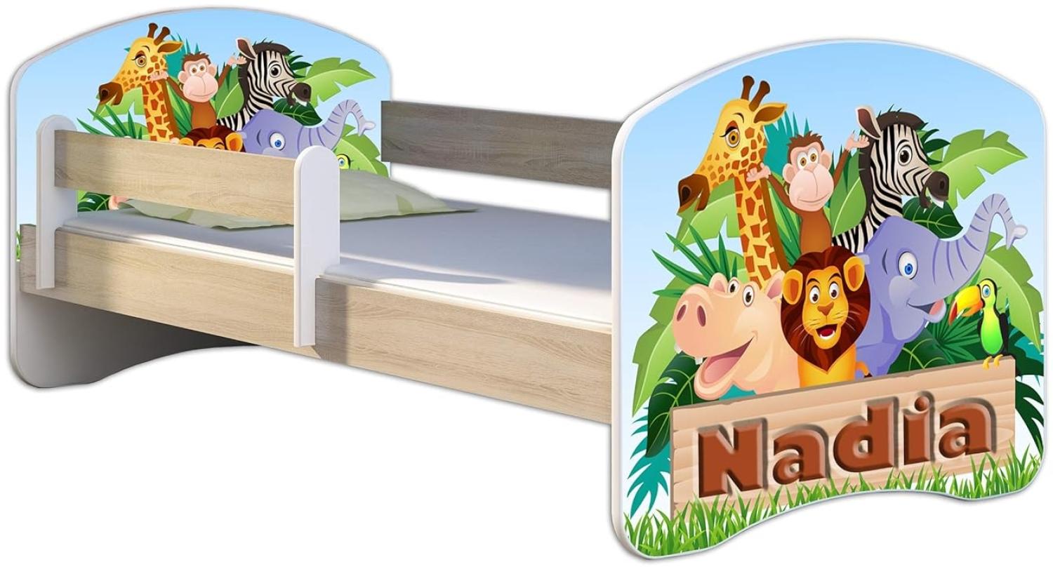 Kinderbett Jugendbett mit einer Schublade und Matratze Sonoma mit Rausfallschutz Lattenrost ACMA II 140x70 160x80 180x80 (02 Animals name, 140x70) Bild 1