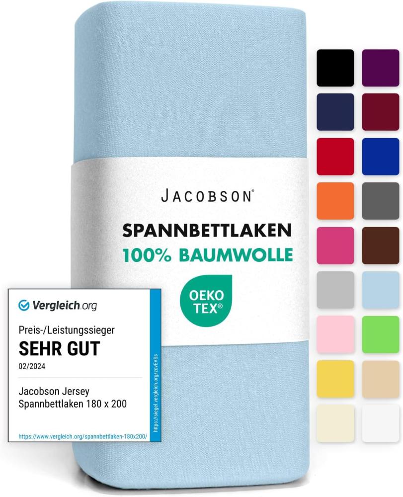 Jacobson Jersey Spannbettlaken Spannbetttuch Baumwolle Bettlaken (120x200-130x200 cm, Hellblau) Bild 1