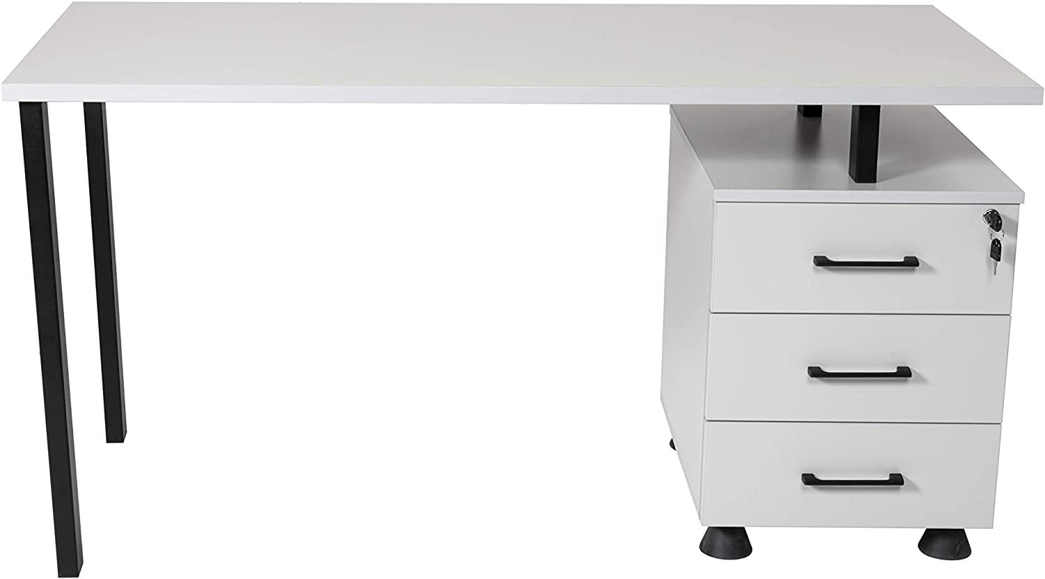 Furni24 Home Office Schreibtisch - Computertisch aus laminiertem Holz, rechts und links montierbarer Unterschrank, abschließbare Schubladen, P Homeoffice 140x59x76 Grau Bild 1