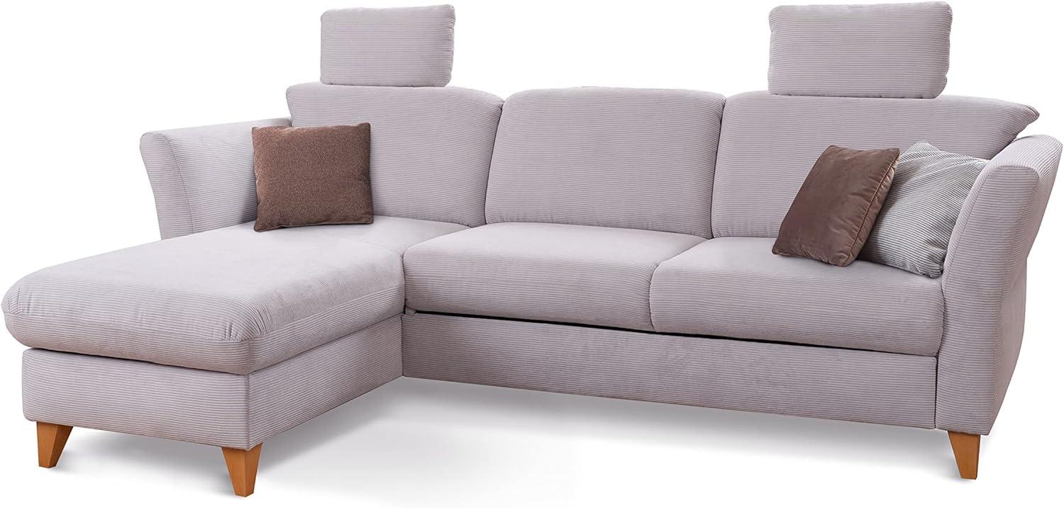 CAVADORE Schlafsofa Trend / Skandinavische Eckcouch mit Federkern, Bettfunktion, Bettkasten im Longchair und 2 Kopfstützen / 249 x 86 x 162 / Cord, Hellgrau Bild 1