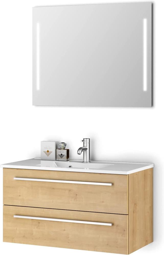 Sieper I Waschtisch mit Unterschrank 90 x 50 cm und Spiegel mit Beleuchtung, Badmöbel Set Libato I Eiche Natur Bild 1