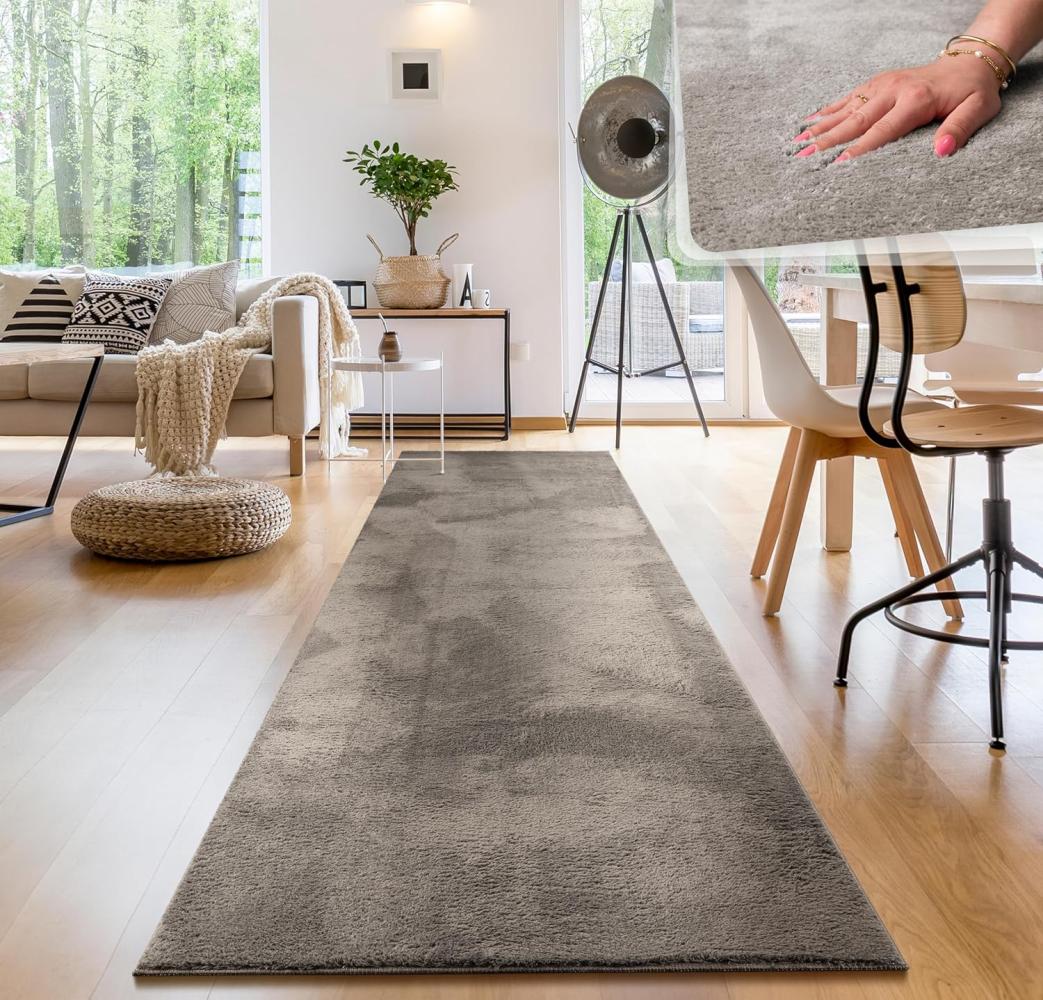 Paco Home Waschbarer Teppich Wohnzimmer Schlafzimmer Kurzflor rutschfest Flauschig Weich Moderne Einfarbige Muster, Grösse:80x300 cm, Farbe:Grau Bild 1