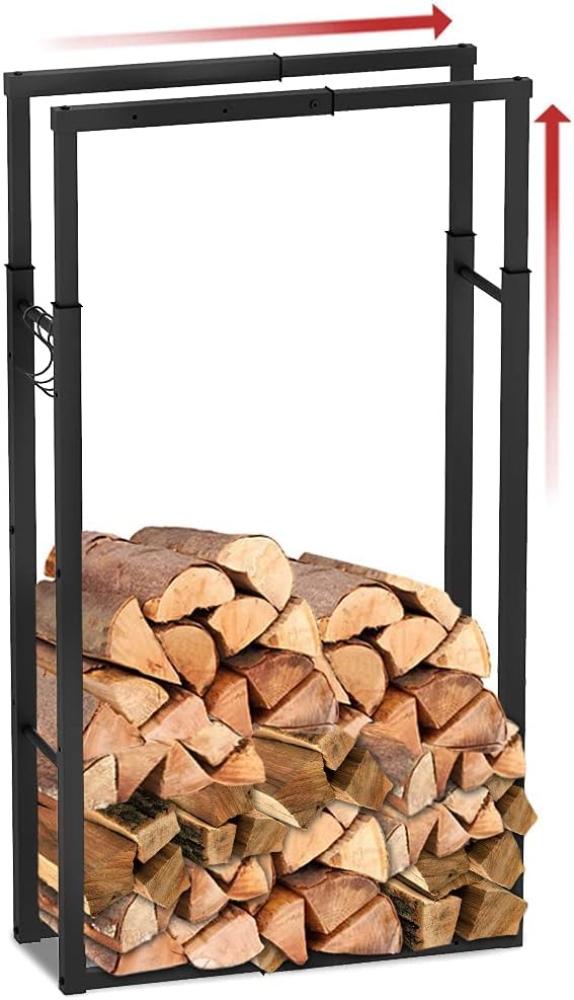 VOUNOT Verstellbare Kaminholzregal Metall, 9 Größen Einstellbar, Brennholzregal Feuerholzregal mit 4 Haken, Innen und Aussen, Schwarz Bild 1
