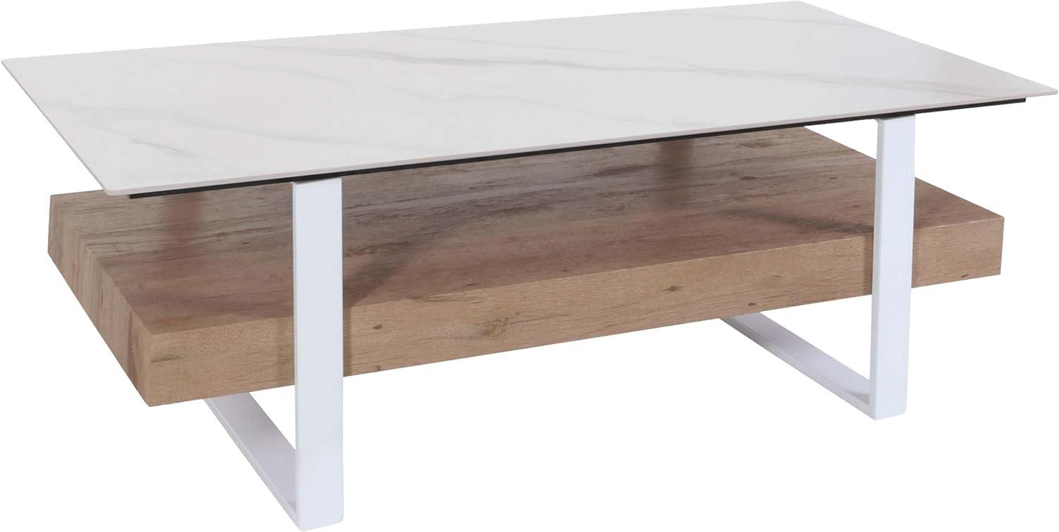 Couchtisch HWC-L88, Wohnzimmertisch Tisch, Ablage Eisen 43x120x60cm Sinterstein Marmor-Optik weiß Holz natur Bild 1