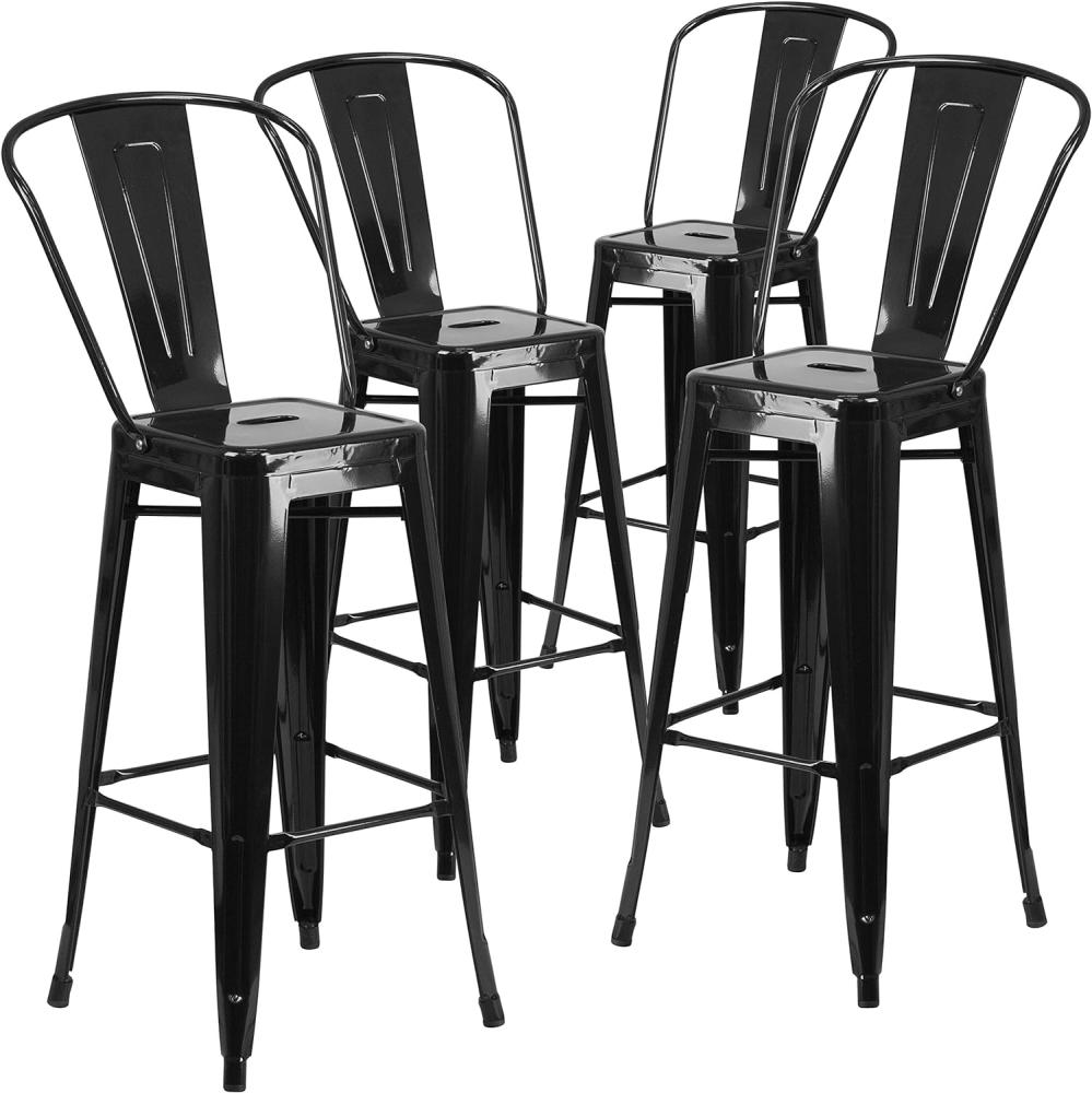 Flash Furniture Barhocker mit Rückenlehne aus Metall, 76,2 cm hoch, 4 Stück, Kunststoff, verzinkter Stahl, Schwarz, 4er-Set Bild 1