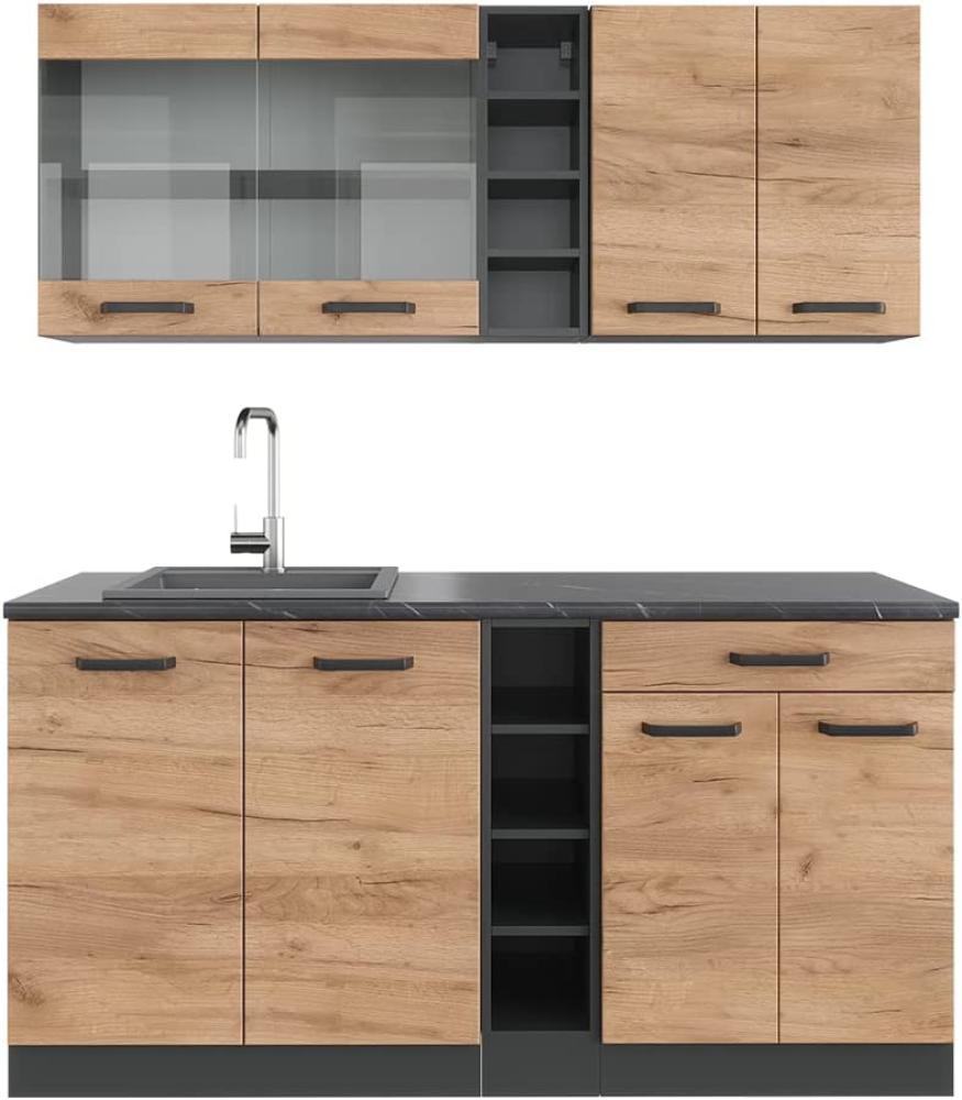 Vicco Küchenzeile Einbauküche Küchenschränke R-Line Anthrazit Küchenmöbel (Anthrazit-Eiche, Single 160 cm) Bild 1