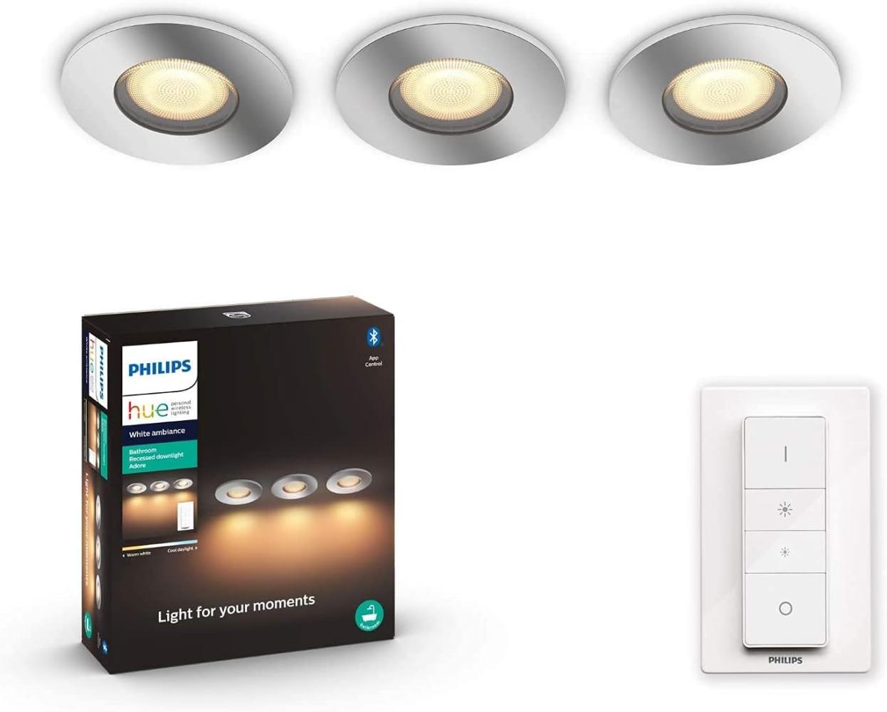 Philips Hue White Ambiance Adore BT 3er Spot rund mit Dimmschalter silber Bild 1