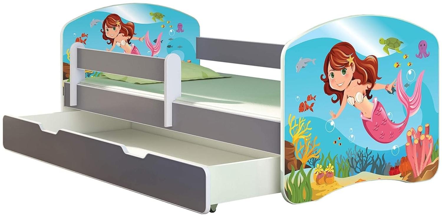 ACMA Kinderbett Jugendbett mit Einer Schublade und Matratze Grau mit Rausfallschutz Lattenrost II (09 Meerjungfrau, 140x70 + Bettkasten) Bild 1