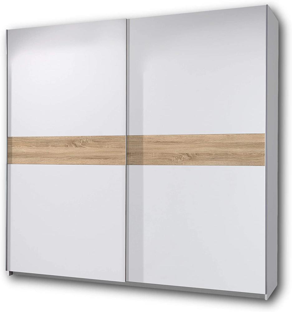 PULS Eleganter Kleiderschrank mit viel Stauraum - Vielseitiger Schwebetürenschrank in Weiß, Bauchbinde Sonoma Eiche - 215 x 210 x 58 cm (B/H/T) Bild 1