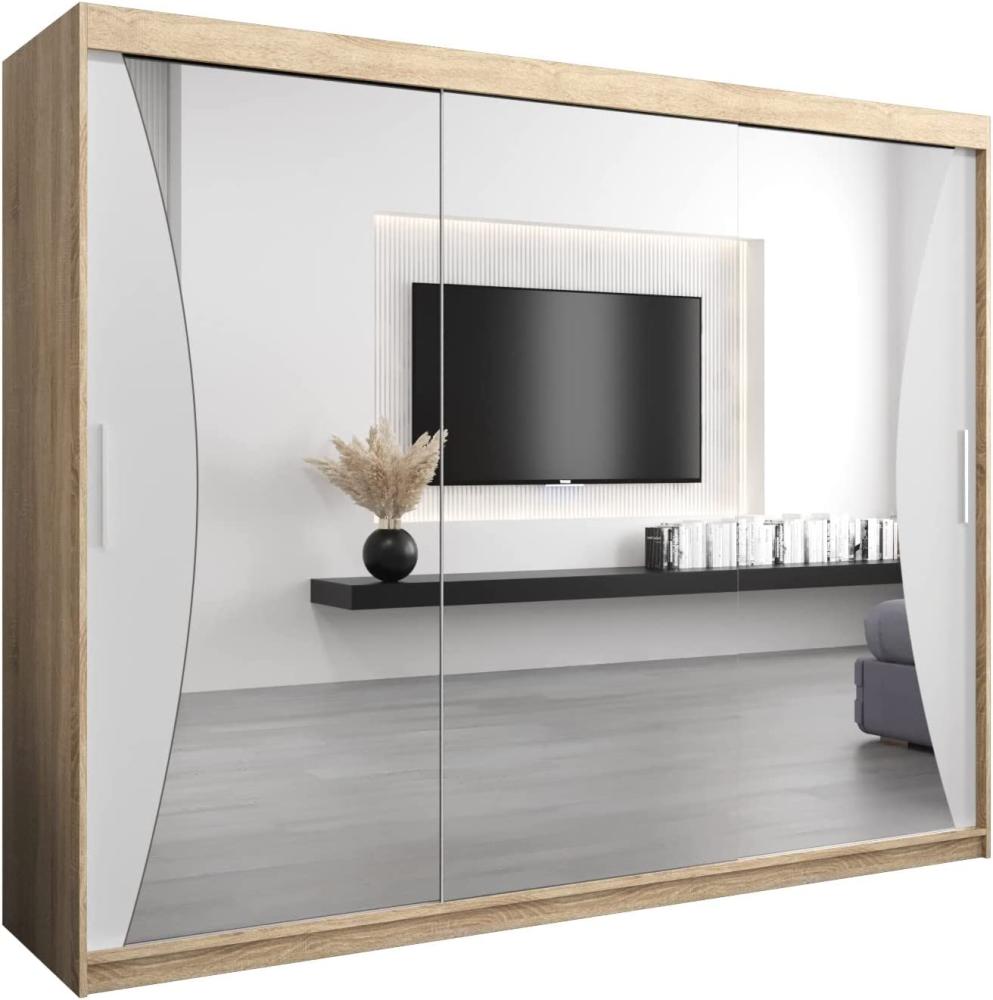 Kryspol Schwebetürenschrank Monaco 250 cm mit Spiegel Kleiderschrank mit Kleiderstange und Einlegeboden Schlafzimmer- Wohnzimmerschrank Schiebetüren Modern Design (Sonoma + Weiß) Bild 1