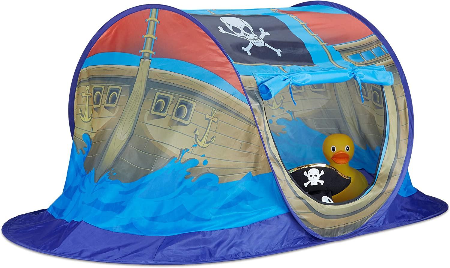Relaxdays 10022451 Spielzelt Piratenschiff für Jungen, Pop Up Kinderzelt für Innen & Outdoor, Piratenzelt HxBxT 68x170x85cm, blau Bild 1