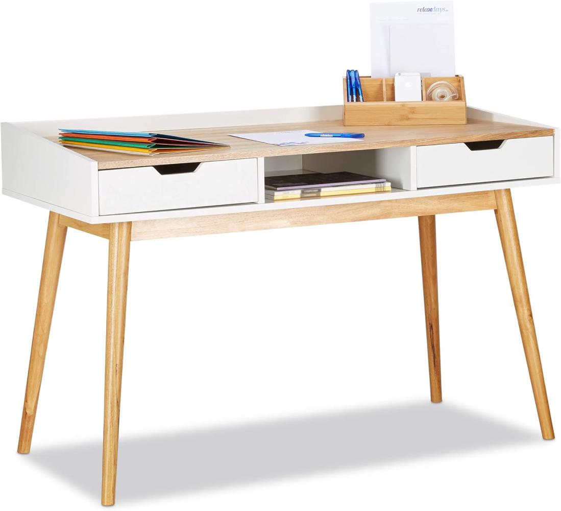 Relaxdays, weiß-braun Schreibtisch, skandinavisches Design, 2 Schubladen, Bürotisch HxBxT: ca. 76 x 120 x 55 cm, Holz, 60%, Standard Bild 1
