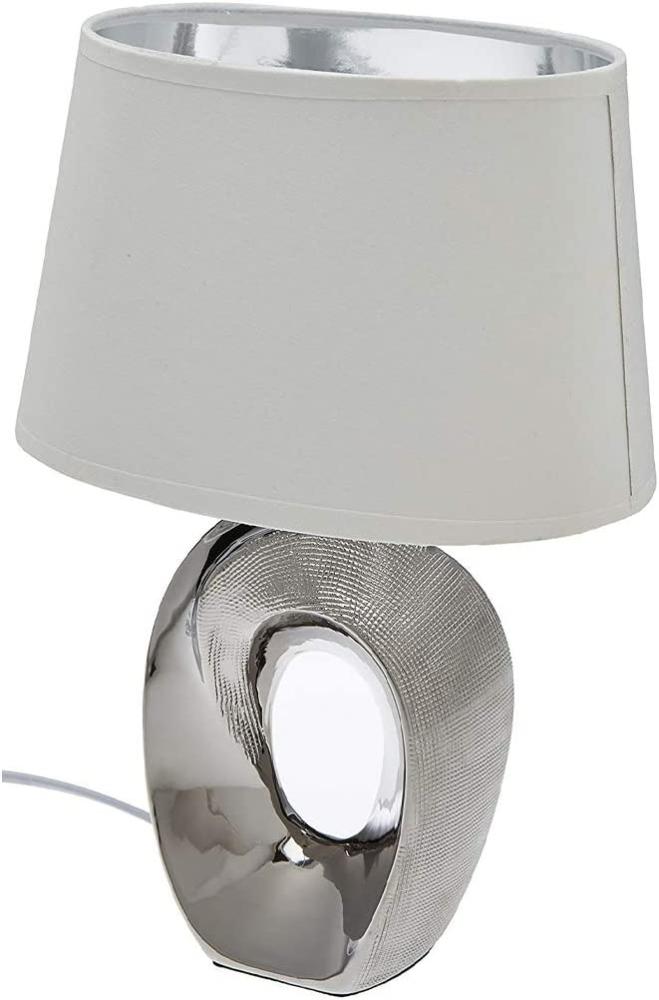 Kleine LED Tischleuchte 1 flammig Keramikfuß silberfarbig Schirm weiß Höhe 33cm Bild 1