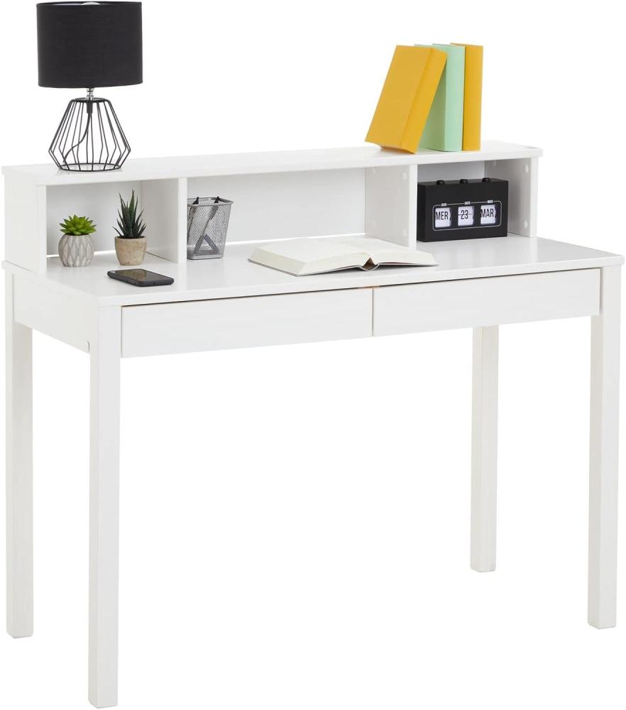 IDIMEX Sekretär Lennox, schöner Schreibtisch mit 3 Nischen, praktischer PC Tisch mit 2 Schubladen, Zeitloser Computertisch aus massiver Kiefer in weiß Bild 1