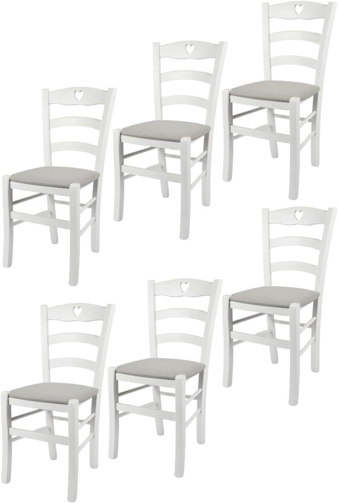 t m c s Tommychairs - 6er Set Stühle Cuore für Küche und Esszimmer, Robuste Struktur aus Buchenholz, deckend Weiss lackiert und gepolsterte Sitzfläche mit Stoff in der Farbe Perlgrau bezogen Bild 1