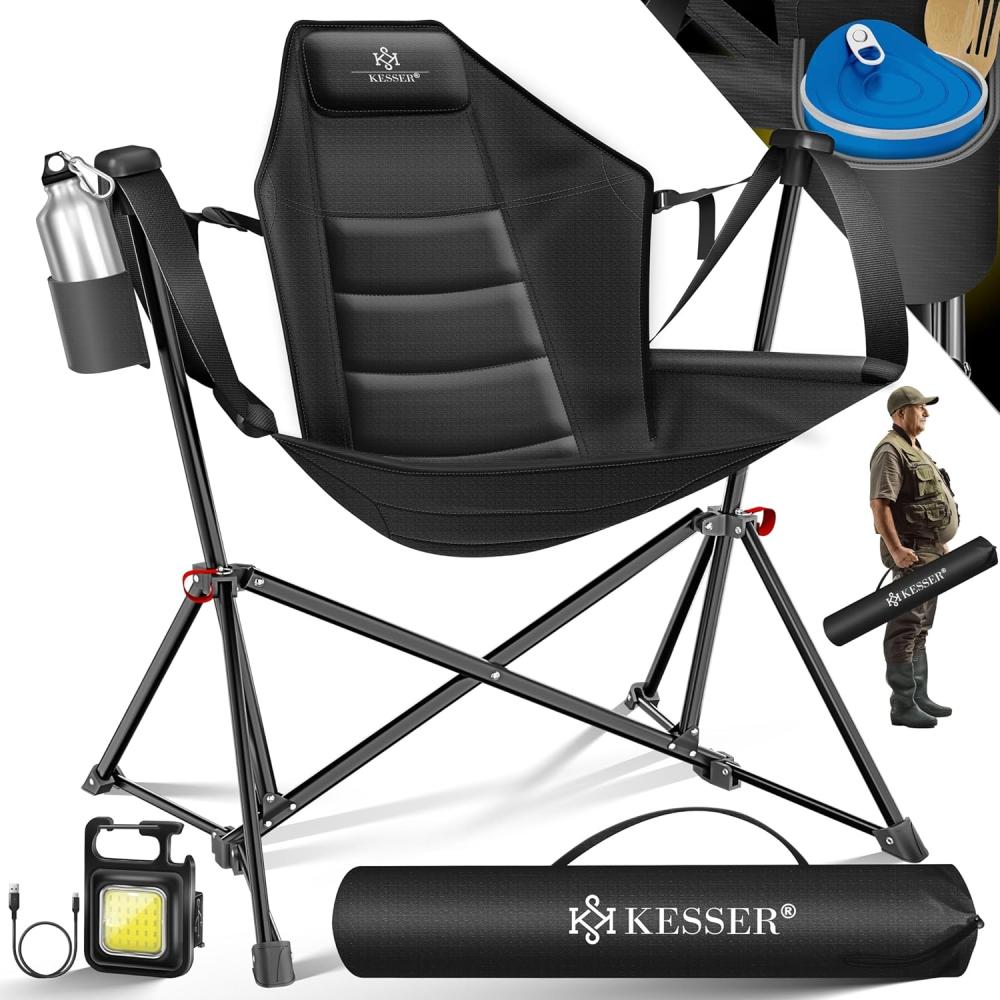 KESSER® Campingstuhl faltbar bis 160 kg | Angelstuhl Faltstuhl Klappstuhl Gepolstert mit Armlehnen | Campinglicht und Getränkehalter + Tasche mit hoher Rückenlehne | Strandstuhl mit Wippfunktion Schwarz / Schwarz Bild 1