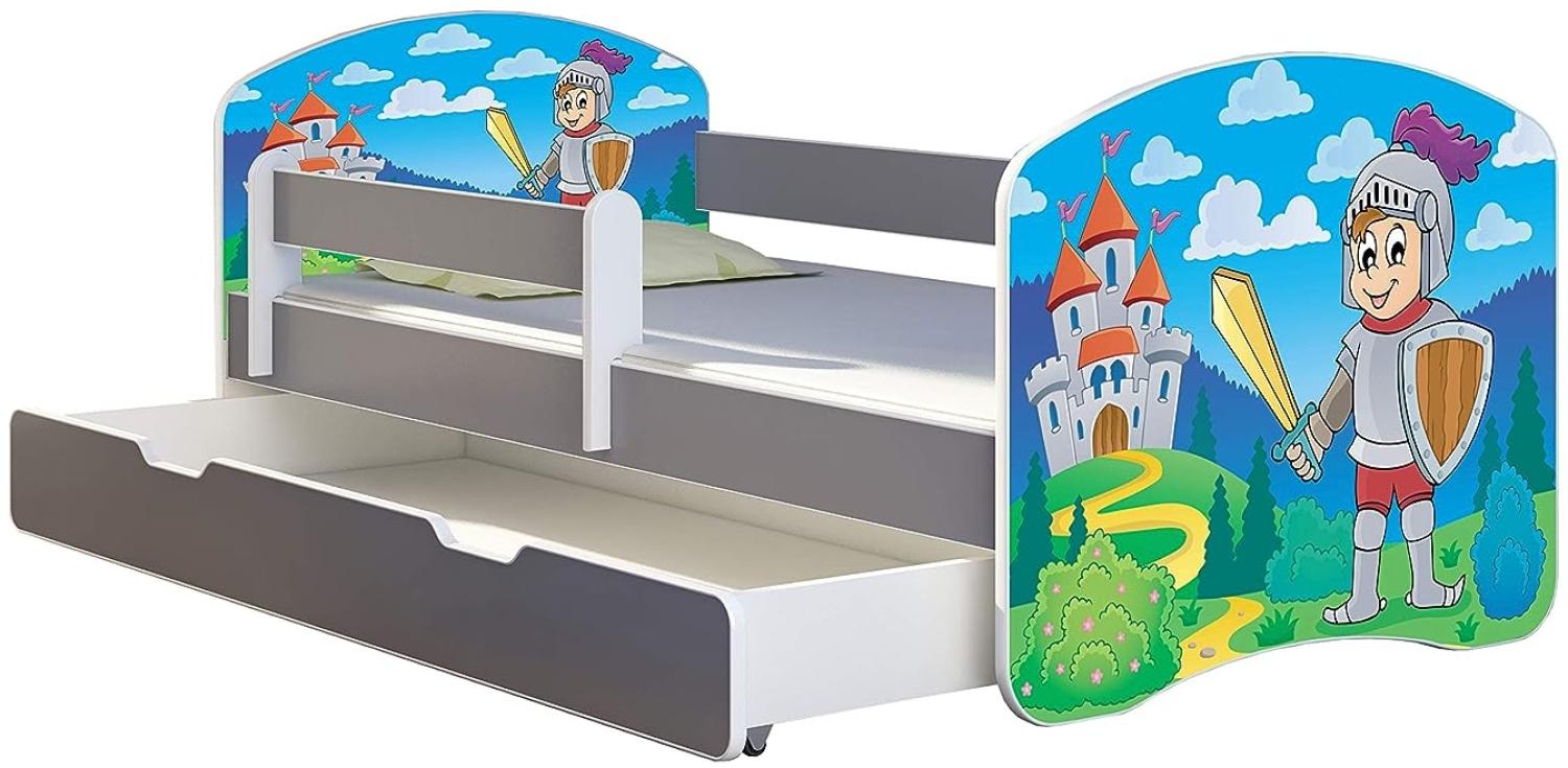 ACMA Kinderbett Jugendbett mit Einer Schublade und Matratze Grau mit Rausfallschutz Lattenrost II (32 Ritter, 140x70 + Bettkasten) Bild 1
