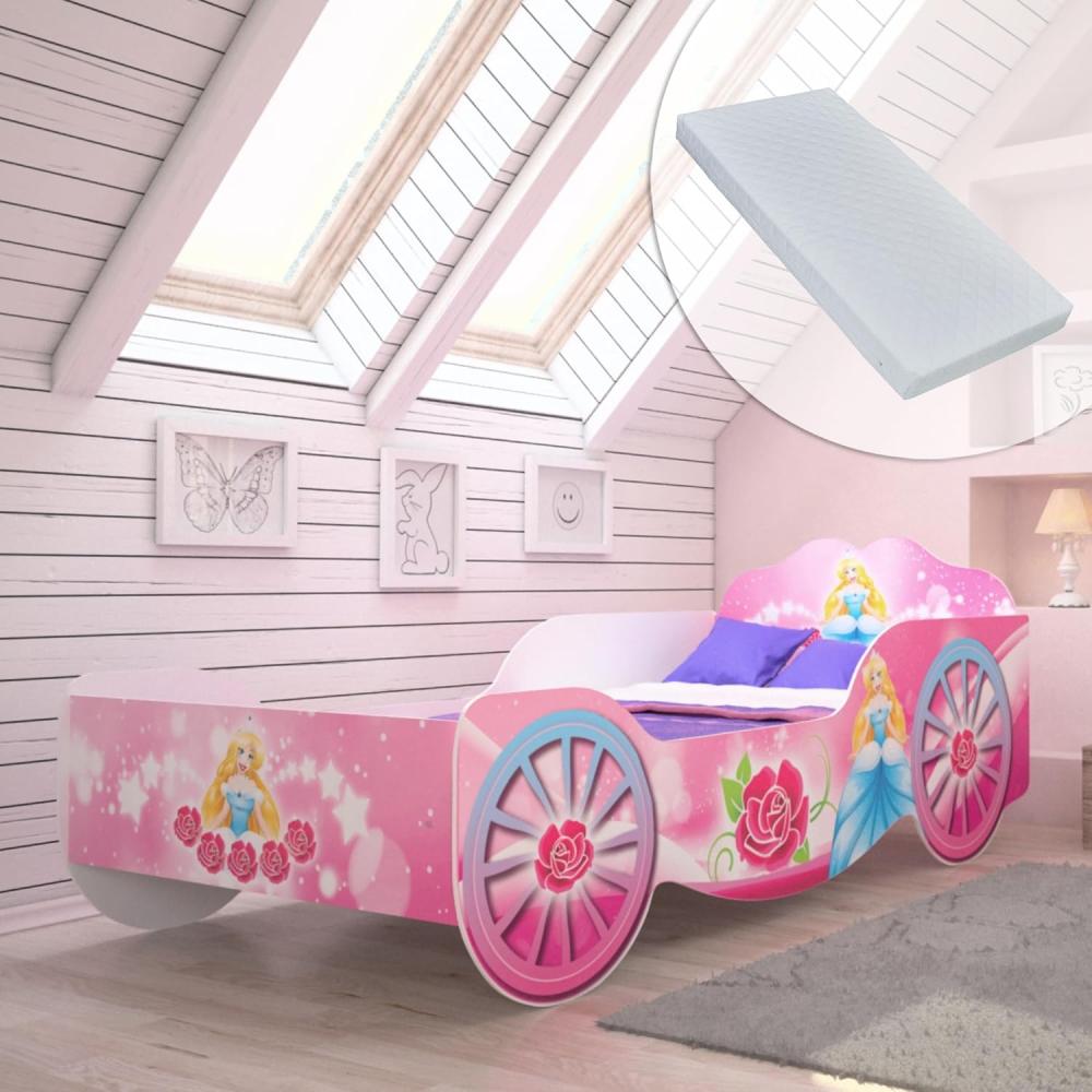 Kids Collective Kinderbett Kutsche Mädchenbett 70x140, 80x160 mit Rausfallschutz, und Matratze, Prinzessin Kinder Spielbett 140x70 Bild 1