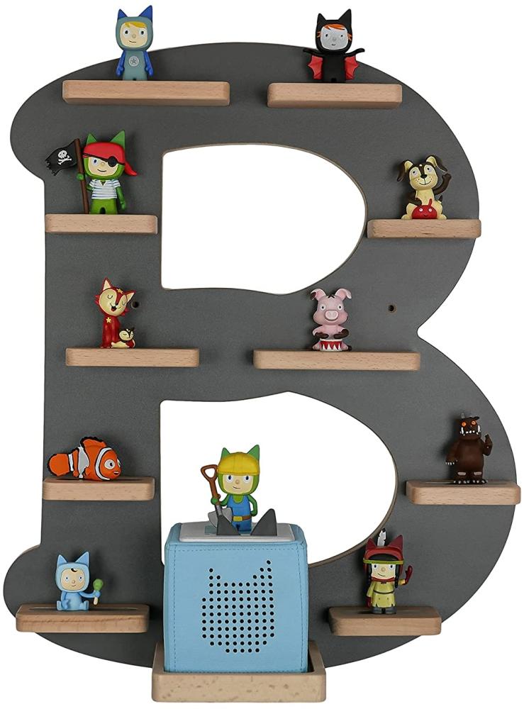 MR TEDDY BEAR Kinderregal Buchstabe B | Holzregal für Toniebox und Tonies | Tonie-Regal hergestellt in der EU | Wandregal zum Spielen und Sammeln | Für Mädchen und Jungen | im B Design in Anthrazit Bild 1