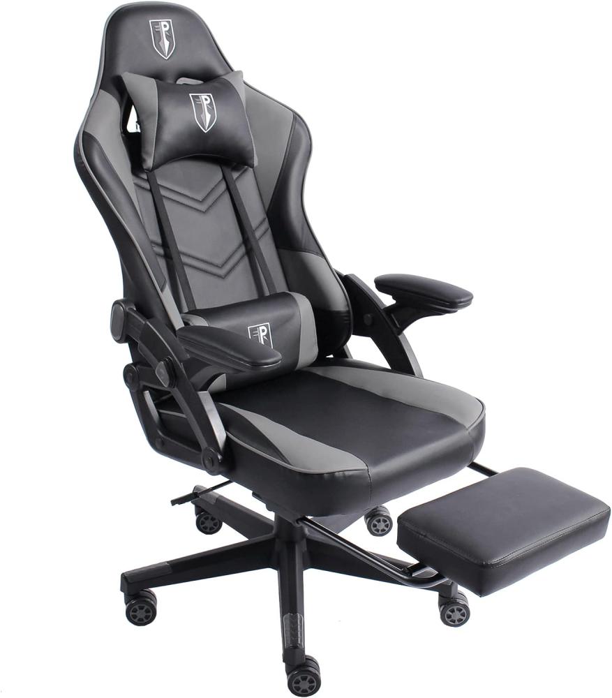 Gaming Stuhl im modernen Racing-Design mit ausziehbarer Fußstütze Gaming Chair mit verstellbaren Design Armlehnen ergonomischer Schreibtischstuhl mit extra Stützkissen Schwarz/Grau Bild 1