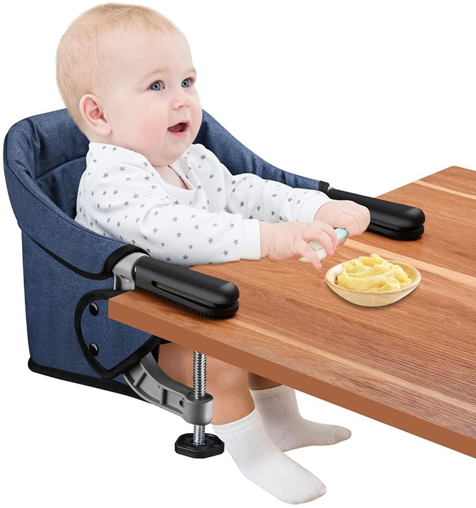 Tischsitz Faltbar Baby Hochstuhl Sitzerhöhung Stuhlsitz mit Transportbeutel, Ideal für zu Hause und Unterwegs(Blau) Bild 1