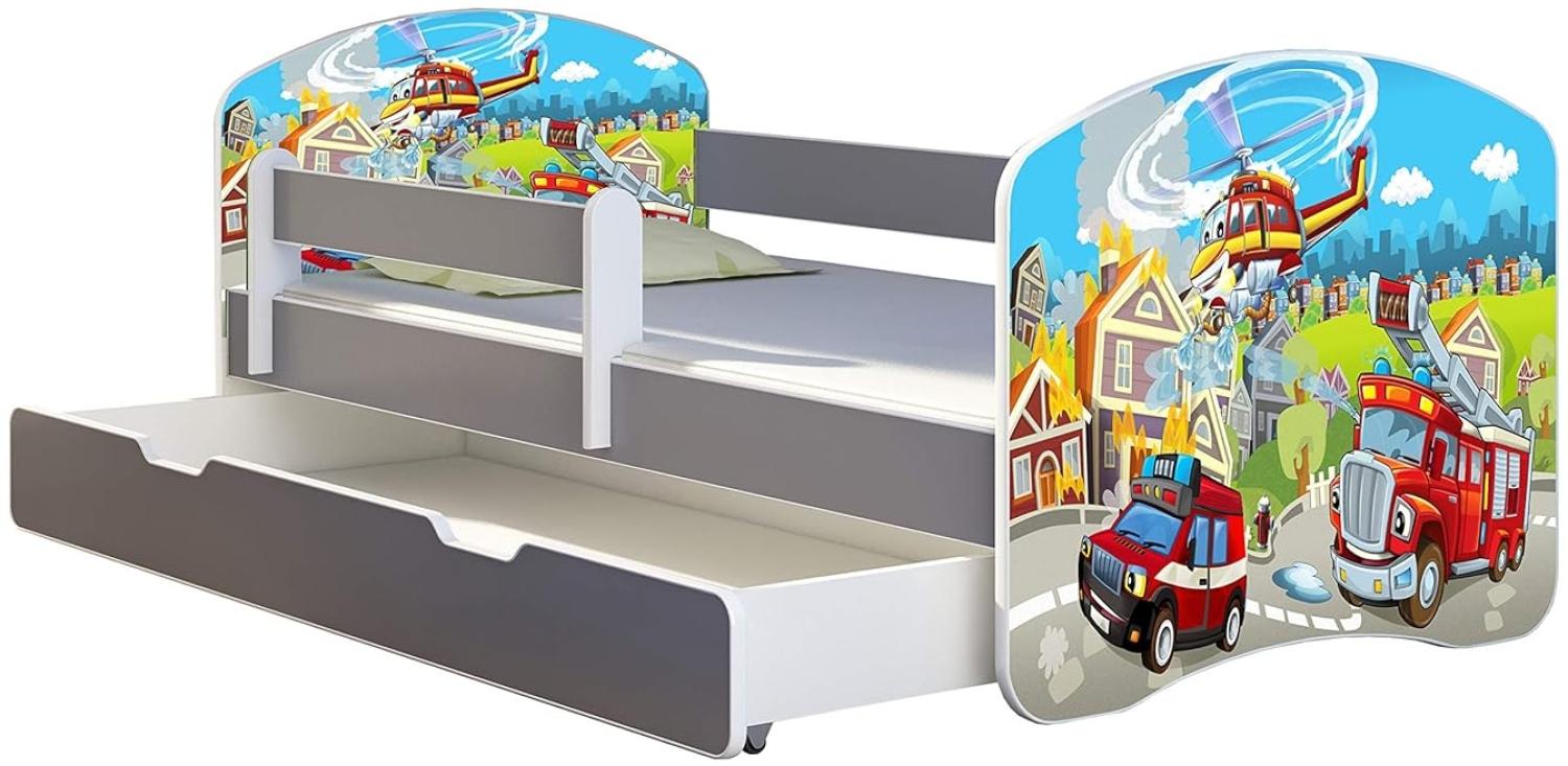 ACMA Kinderbett Jugendbett mit Einer Schublade und Matratze Grau mit Rausfallschutz Lattenrost II (36 Feuerwehr, 160x80 + Bettkasten) Bild 1
