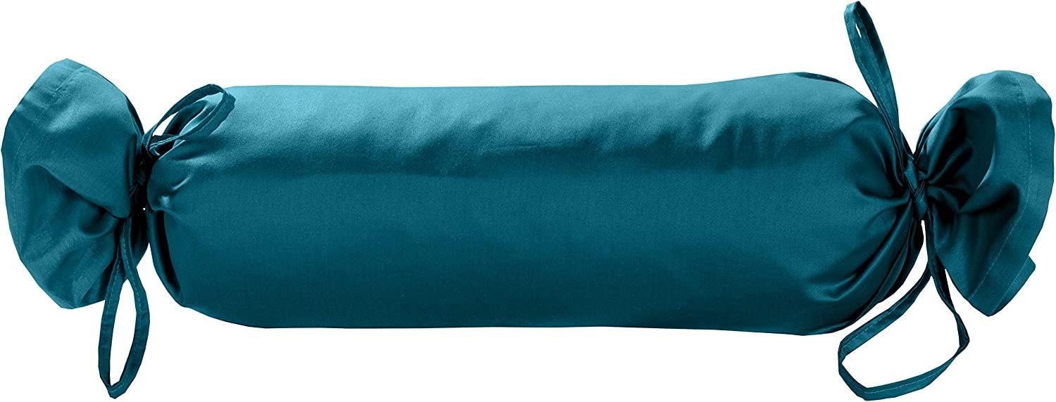 Mako Satin / Baumwollsatin Nackenrollen Bezug uni / einfarbig petrol blau 15x40 cm mit Bändern Bild 1