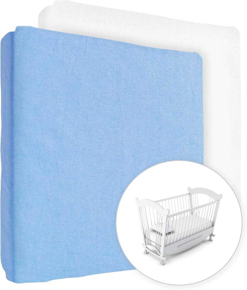 2 x Jersey Spannbettlaken 100% Baumwolle für 90 x 40 cm Babybett Wiege Matratze (Blau + Weiß) Bild 1