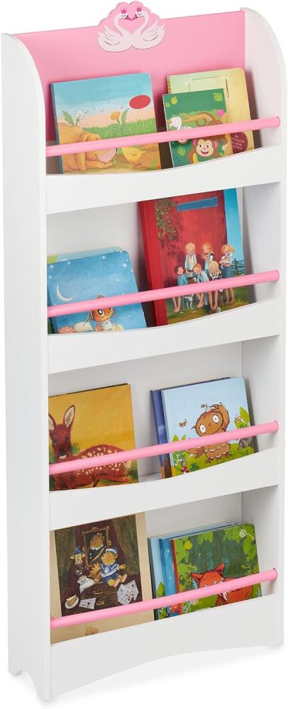 Relaxdays Bücherregal Kinder, HxBxT: 124 x 50,5 x 15 cm, 4 Fächer, MDF, Kinderbücherregal mit Schwan-Motiv, weiß/rosa Bild 1