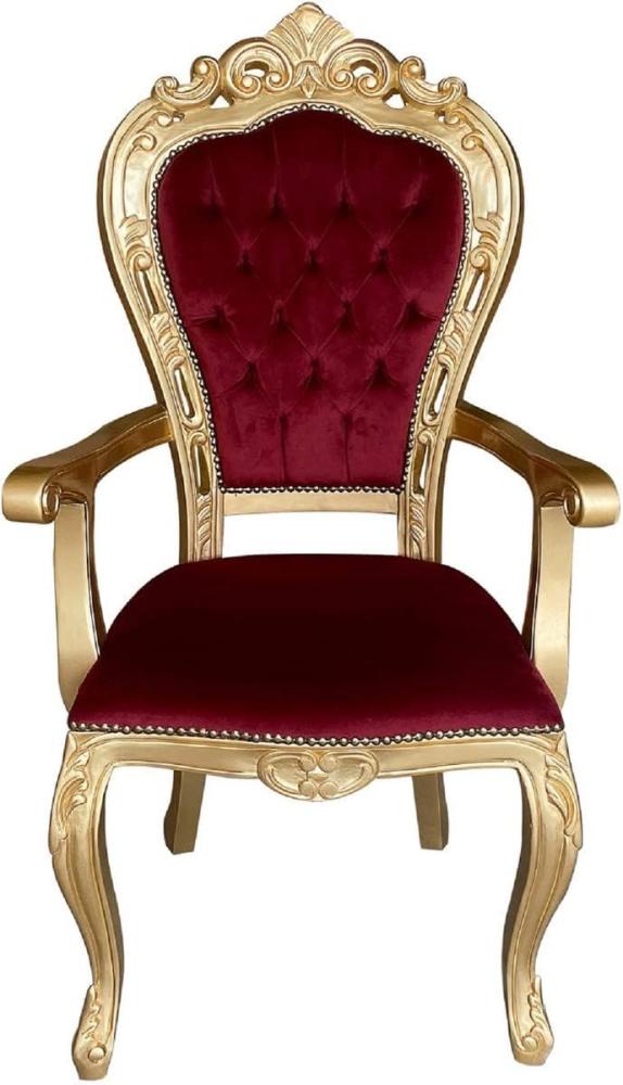 Casa Padrino Luxus Barock Esszimmer Stuhl Bordeauxrot / Gold - Handgefertigter Antik Stil Stuhl mit Armlehnen und edlem Samtstoff - Esszimmer Möbel im Barockstil Bild 1