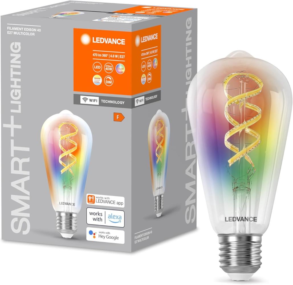 LEDVANCE E27 Edison LED Lampe, Smart Home Wifi Leuchtmittel mit 4,8 W (470Lumen), Weißglas, RGBW Lichtfarbe (2700-6500K), dimmbar und kompatibel mit Alexa, google oder App, Lampen im 1er-Pack Bild 1