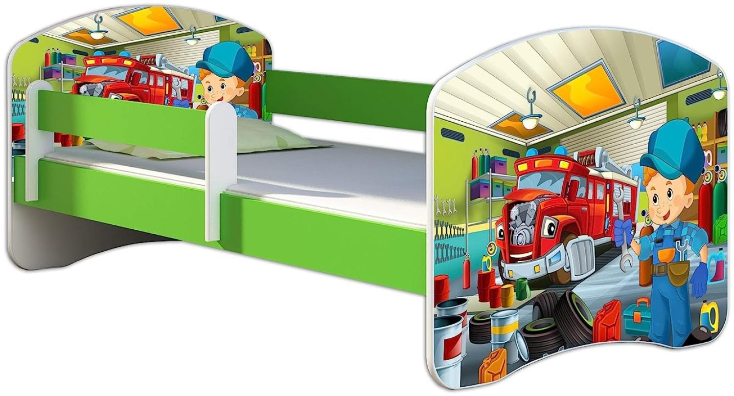 ACMA Kinderbett Jugendbett mit Einer Schublade und Matratze Grün mit Rausfallschutz Lattenrost II 140x70 160x80 180x80 (45 Mechaniker, 140x70) Bild 1