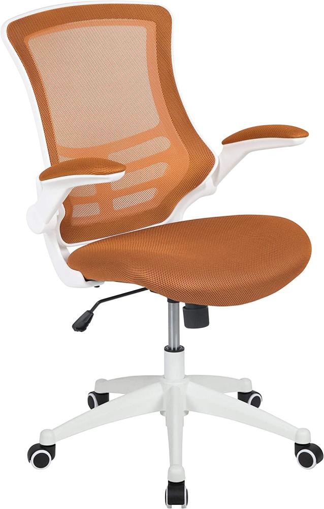 Flash Furniture Bürostuhl mit mittelhoher Rückenlehne – Ergonomischer Schreibtischstuhl mit hochklappbaren Armlehnen und Netzstoff – Perfekt für Home Office oder Büro – Orange/weiß Bild 1