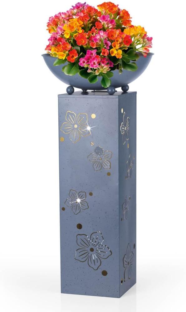 Hoberg LED Pflanzsäule 3D im Blumen-Design in Beton-Optik | Abnehmbare Pflanzschale (Ø 34cm) | Für drinnen und draußen geeignet | Integrierte Beleuchtung, 6h Timer, kabellos Bild 1